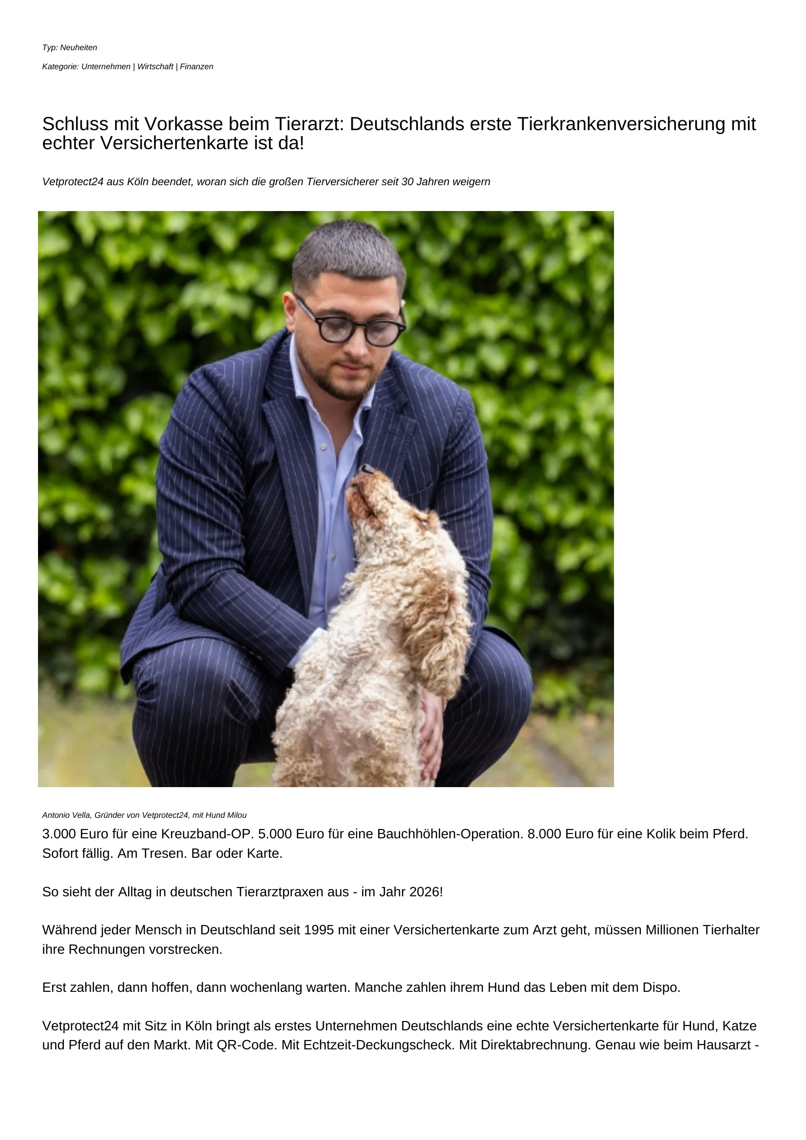 Antonio Vella, Gründer von Vetprotect24, mit seinem Hund Milou